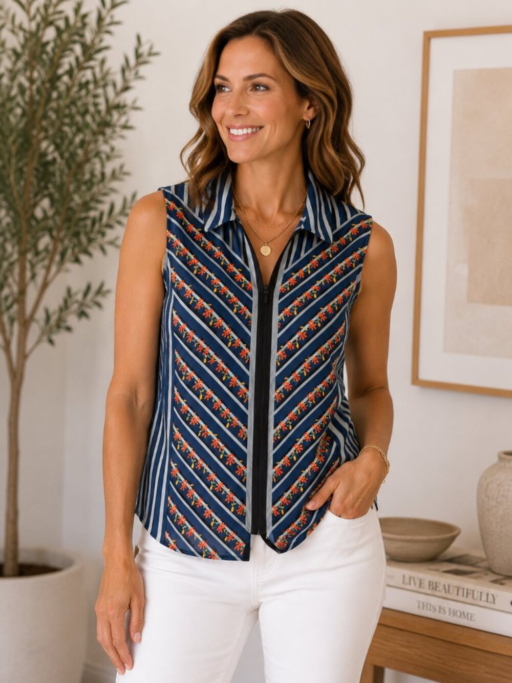 CAbi Chevron Top Blue Striped Floral Embroidered Sleeveless Zip Blouse M
